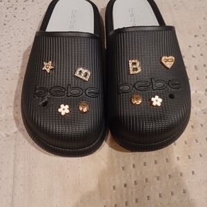 Bebe Black Clogs with Gold Embellishments